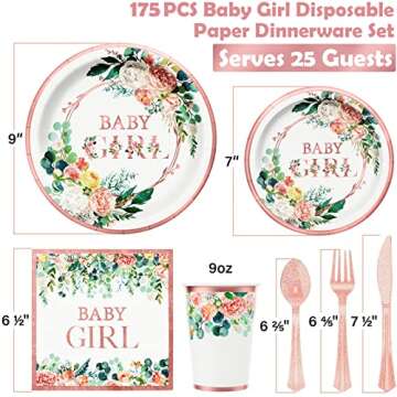 Ecomore Baby Shower Decorations for Girl - 175PCS Floral Party Supplies Disposable Dinnerware Set (2...