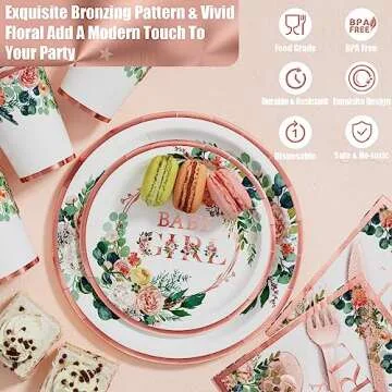 Ecomore Baby Shower Decorations for Girl - 175PCS Floral Party Supplies Disposable Dinnerware Set (25 Guest) With Rose Gold Paper Plates Cups Napkins Plastic Forks Knives Spoon for Baby Girl Birthday