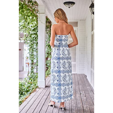 GRACE KARIN Women Strapless Casual Loose Ruched Long Maxi Dress with Pockets Floral White