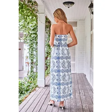 GRACE KARIN Women Strapless Casual Loose Ruched Long Maxi Dress with Pockets Floral White