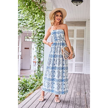GRACE KARIN Women Strapless Casual Loose Ruched Long Maxi Dress with Pockets Floral White