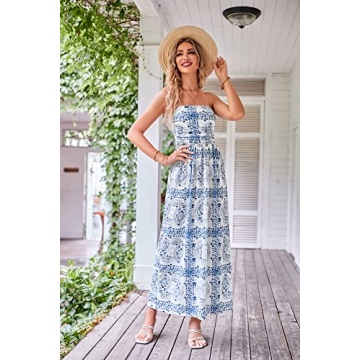 GRACE KARIN Women Strapless Casual Loose Ruched Long Maxi Dress with Pockets Floral White