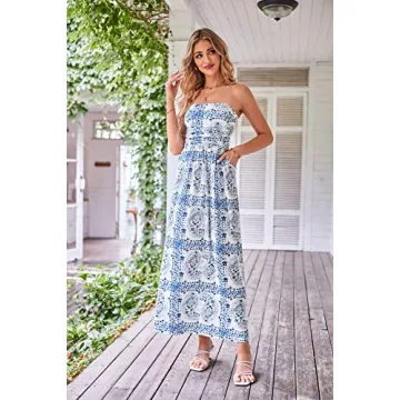 GRACE KARIN Women Strapless Casual Loose Ruched Long Maxi Dress with Pockets Floral White