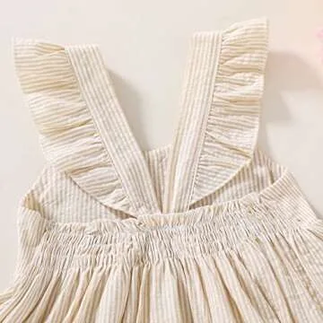 YOUNGER TREE Toddler Baby Girl Dress Summer Outfits Stripe Flutter Sleeve Smocked Dress Kids Causal Boho Dresses Clothes (4-5T, Khaki Stripe)