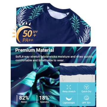 Daci Women Blue Leaves Two Piece Rash Guard Long Sleeve Swimsuits UV UPF 50+ Swim Shirt Bathing Suit with Boyshort Bottom XS