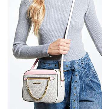 Michael Kors Jet Set East West Chain Crossbody Vanilla MK Powder Blush Pink Bundled with Card Holder in Ballet