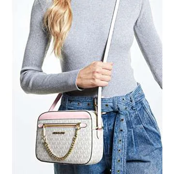 Michael Kors Jet Set East West Chain Crossbody Vanilla MK Powder Blush Pink Bundled with Card Holder in Ballet