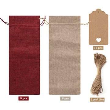 BEAVOING Burlap Wine Bags 16 Pcs Wine Bottle Bags Jute Wine Gift Bags with Tags and Ropes Wine Bottl...