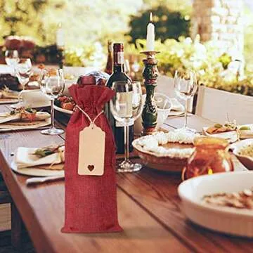 BEAVOING Burlap Wine Bags 16 Pcs Wine Bottle Bags Jute Wine Gift Bags with Tags and Ropes Wine Bottle Covers for Christmas Wedding Housewarming Engagement Wine Tasting Party Supplies (Red&Linen, 16)