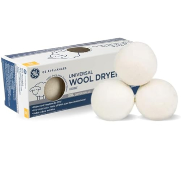 GE Appliances Wool Dryer Balls, XL 3 Inch Reusable Natural Fabric Softener Made of 100% Pure New Zea...