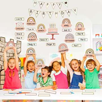 60 Pieces Boho Classroom Decor Birthday Bulletin Board Decorations Set Rainbow Bulletin Board Decor Classroom Chart Wall Decoration Cutouts for School Calendar Birthday Border (Brown Series)