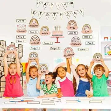 60 Pieces Boho Classroom Decor Birthday Bulletin Board Decorations Set Rainbow Bulletin Board Decor Classroom Chart Wall Decoration Cutouts for School Calendar Birthday Border (Brown Series)