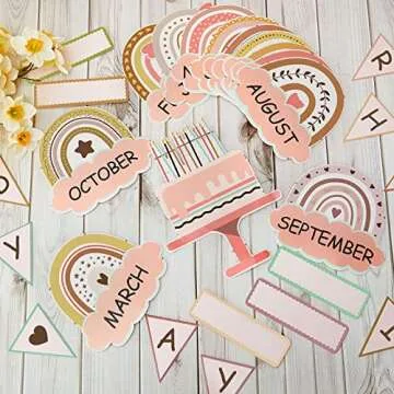 60 Pieces Boho Classroom Decor Birthday Bulletin Board Decorations Set Rainbow Bulletin Board Decor Classroom Chart Wall Decoration Cutouts for School Calendar Birthday Border (Brown Series)