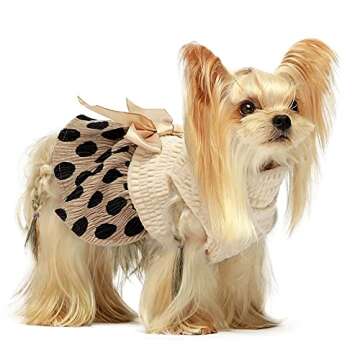 Fitwarm Vintage Polka Dot Dog Dress Lightweight Velvet Girl Puppy Clothes Turtleneck One-Piece with Bowknot Pet Clothes for Birthday Party Doggy Gown Doggie Outfits Cat Apparel Khaki Small