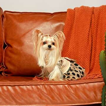 Fitwarm Vintage Polka Dot Dog Dress Lightweight Velvet Girl Puppy Clothes Turtleneck One-Piece with Bowknot Pet Clothes for Birthday Party Doggy Gown Doggie Outfits Cat Apparel Khaki Small