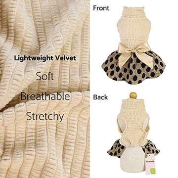 Fitwarm Vintage Polka Dot Dog Dress Lightweight Velvet Girl Puppy Clothes Turtleneck One-Piece with Bowknot Pet Clothes for Birthday Party Doggy Gown Doggie Outfits Cat Apparel Khaki Small