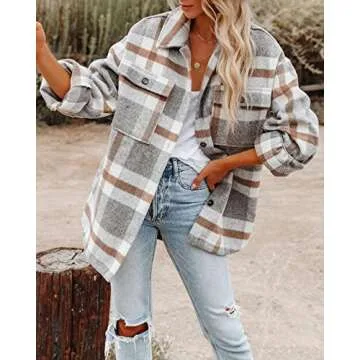 Beaully Women's Brushed Plaid Shirts Long Sleeve Flannel Lapel Button Down Pocketed Shacket Jacket Coats 6017 Khaki X-Large