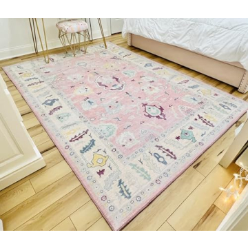 Modern Oushak Rug, Vintage Turkish Pink Oriental Antique Inspired Small Area Rugs, Washable Luxury L...