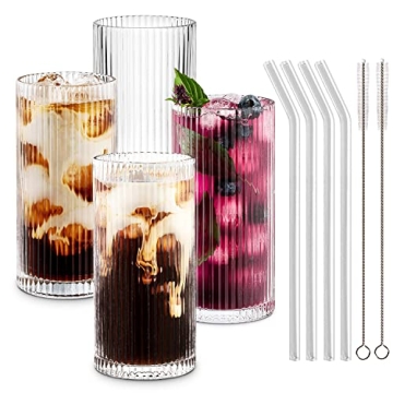 Combler Ribbed Glass Cups Set with Straws - Durable and Stylish