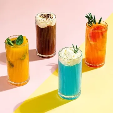 Combler Ribbed Glass Cups Set with Straws - Durable and Stylish