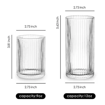 Combler Ribbed Glass Cups Set with Straws - Durable and Stylish