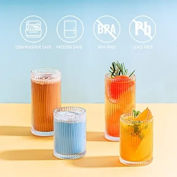 Combler Ribbed Glass Cups Set with Straws - Durable and Stylish