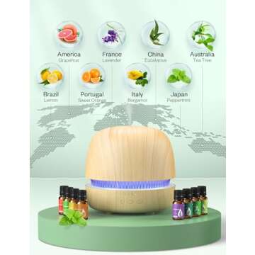 Essential Oil Diffuser & Top 8 Essential Oils Set, 7 Ambient Lights, 300ml Aromatherapy Diffuser with 3 Timer & 2 Mist Levels, Waterless Auto-Off, 8hr-Work Time Diffusers for Essential Oils Large Room