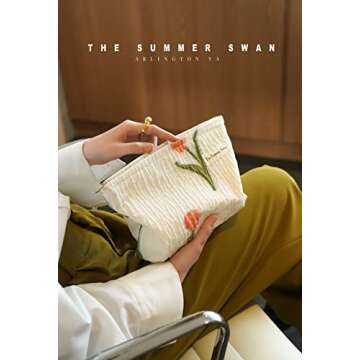 The Summer Swan | Large Aesthetic Makeup Bag | Floral Makeup Bag | Mid-day Clutch | Period Kit Bag | Hygiene Bag | Skincare Bag | Cute Makeup Bag (Tulip)