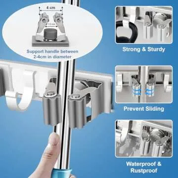 Mop and Broom Holder Wall Mount Metal Heavy Duty Utility Hooks Broom Organizer Garage Storage Systems Tool Racks for Home Laundry Garden Kitchen Organization (Silver, 2 Pack 3R4H)