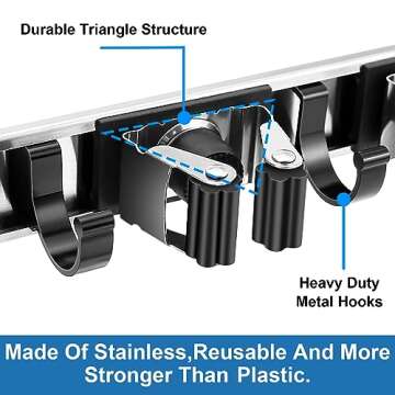 Mop and Broom Holder Wall Mount Metal Heavy Duty Utility Hooks Broom Organizer Garage Storage Systems Tool Racks for Home Laundry Garden Kitchen Organization (Silver, 2 Pack 3R4H)