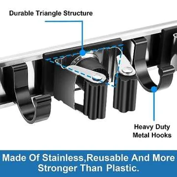 Mop and Broom Holder Wall Mount Metal Heavy Duty Utility Hooks Broom Organizer Garage Storage Systems Tool Racks for Home Laundry Garden Kitchen Organization (Silver, 2 Pack 3R4H)