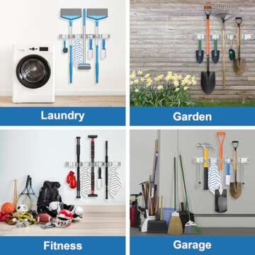 Mop and Broom Holder Wall Mount Metal Heavy Duty Utility Hooks Broom Organizer Garage Storage Systems Tool Racks for Home Laundry Garden Kitchen Organization (Silver, 2 Pack 3R4H)