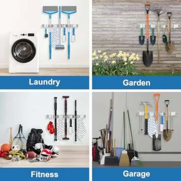 Mop and Broom Holder Wall Mount Metal Heavy Duty Utility Hooks Broom Organizer Garage Storage Systems Tool Racks for Home Laundry Garden Kitchen Organization (Silver, 2 Pack 3R4H)