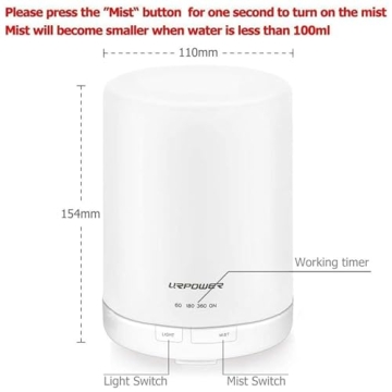 URPOWER 2nd Gen 300ml Aroma Essential Oil Diffuser Night Light Ultrasonic Air Humidifier with AUTO Shut Off and 6-7 Hours Continuous Diffusing - 7 Color Changing LED Lights and 4 Timer Settings