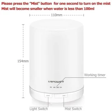 URPOWER 2nd Gen 300ml Aroma Essential Oil Diffuser Night Light Ultrasonic Air Humidifier with AUTO Shut Off and 6-7 Hours Continuous Diffusing - 7 Color Changing LED Lights and 4 Timer Settings
