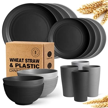Teivio 16-Piece Kitchen Plastic Wheat Straw Dinnerware Set, Service for 4, Dinner Plates, Dessert Pl...