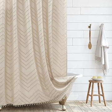 Extra Long Farmhouse Boho Chevron Shower Curtain, Woven Fabric 96 in Beige Shower Curtain, 72 x 96, ...