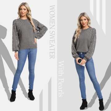 MISS MOLY Women's Chunky Sweaters Oversized Lantern Sleeve Crewneck Knitted Christmas Pullover Sweater with Pearls Grey M