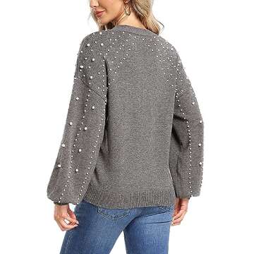 MISS MOLY Women's Chunky Sweaters Oversized Lantern Sleeve Crewneck Knitted Christmas Pullover Sweater with Pearls Grey M