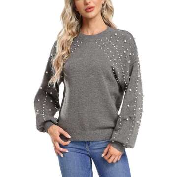 MISS MOLY Women's Chunky Sweaters Oversized Lantern Sleeve Crewneck Knitted Christmas Pullover Sweater with Pearls Grey M