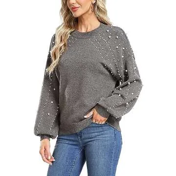 MISS MOLY Women's Chunky Sweaters Oversized Lantern Sleeve Crewneck Knitted Christmas Pullover Sweater with Pearls Grey M