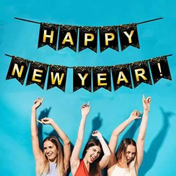 Fecedy Black Gold Happy New Year Banner for New year Party Decorations