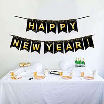 Fecedy Black Gold Happy New Year Banner for New year Party Decorations
