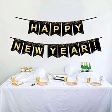 Fecedy Black Gold Happy New Year Banner for New year Party Decorations