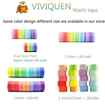 VIVIQUEN Washi Tape Set 40 Rolls Colorful Decorative Thin Tapes