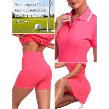 FKEEP Women's Golf Dress Tennis Dresses Workout Athletic Dress with Shorts/Short Sleeve/Pocket (Neon Pink, M)