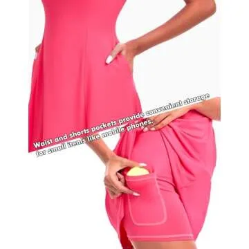 FKEEP Women's Golf Dress Tennis Dresses Workout Athletic Dress with Shorts/Short Sleeve/Pocket (Neon Pink, M)