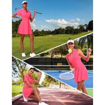 FKEEP Women's Golf Dress Tennis Dresses Workout Athletic Dress with Shorts/Short Sleeve/Pocket (Neon Pink, M)