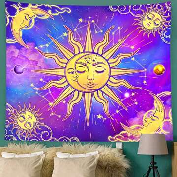 Birsppy Bonsai Tree Sun and Moon Tapestry, Psychedelic Abstract Aesthetic Space Stars Wall Hanging Astrology, Dark Galaxy Celestial Purple Blue Wall Art for Living Room Dorm Home Decor, 51x59 Inches