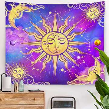 Birsppy Bonsai Tree Sun and Moon Tapestry, Psychedelic Abstract Aesthetic Space Stars Wall Hanging Astrology, Dark Galaxy Celestial Purple Blue Wall Art for Living Room Dorm Home Decor, 51x59 Inches